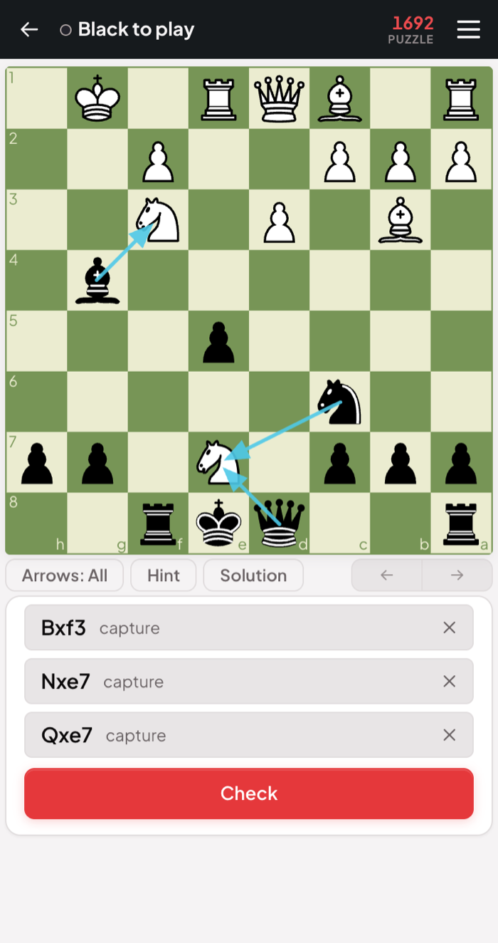 The same position with three candidate moves listed, each marked capture and drawn as an arrow, and a Check button under them