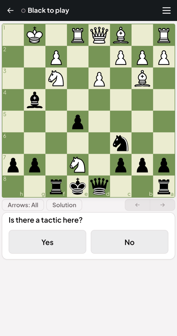 The app asking "Is there a tactic here?" with Yes and No under the board
