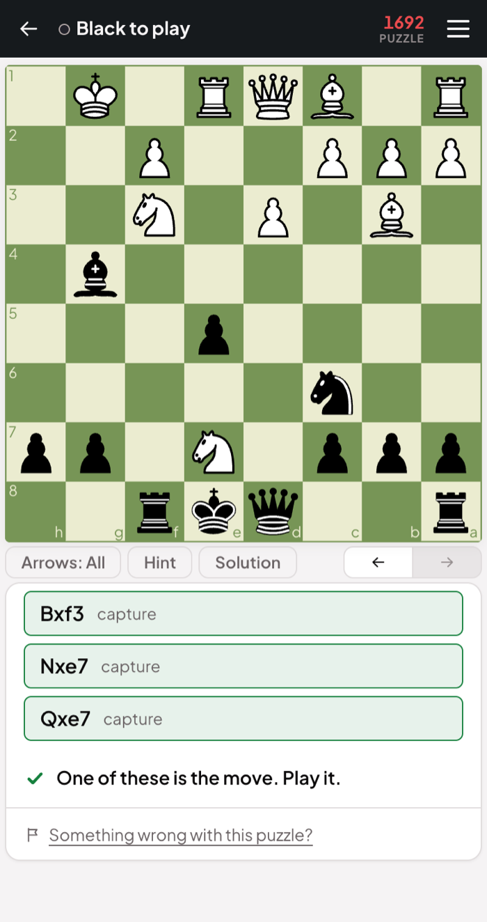 The same position again, the three candidates marked green, with the line "One of these is the move. Play it."