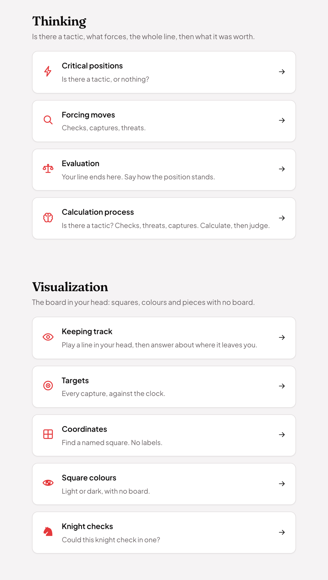 The two Drills pages: critical positions, forcing moves, evaluation and calculation process under Thinking, then keeping track, targets, coordinates, square colours and knight checks under Visualization
