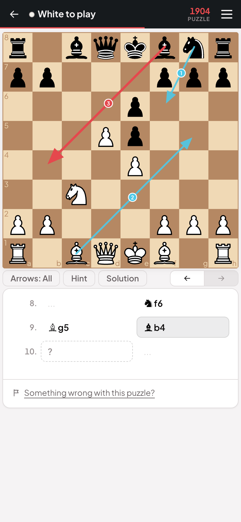 A whole lesson screen on a phone: a 1904 puzzle, the board three moves behind with those moves drawn as numbered arrows, and the move list waiting for the answer