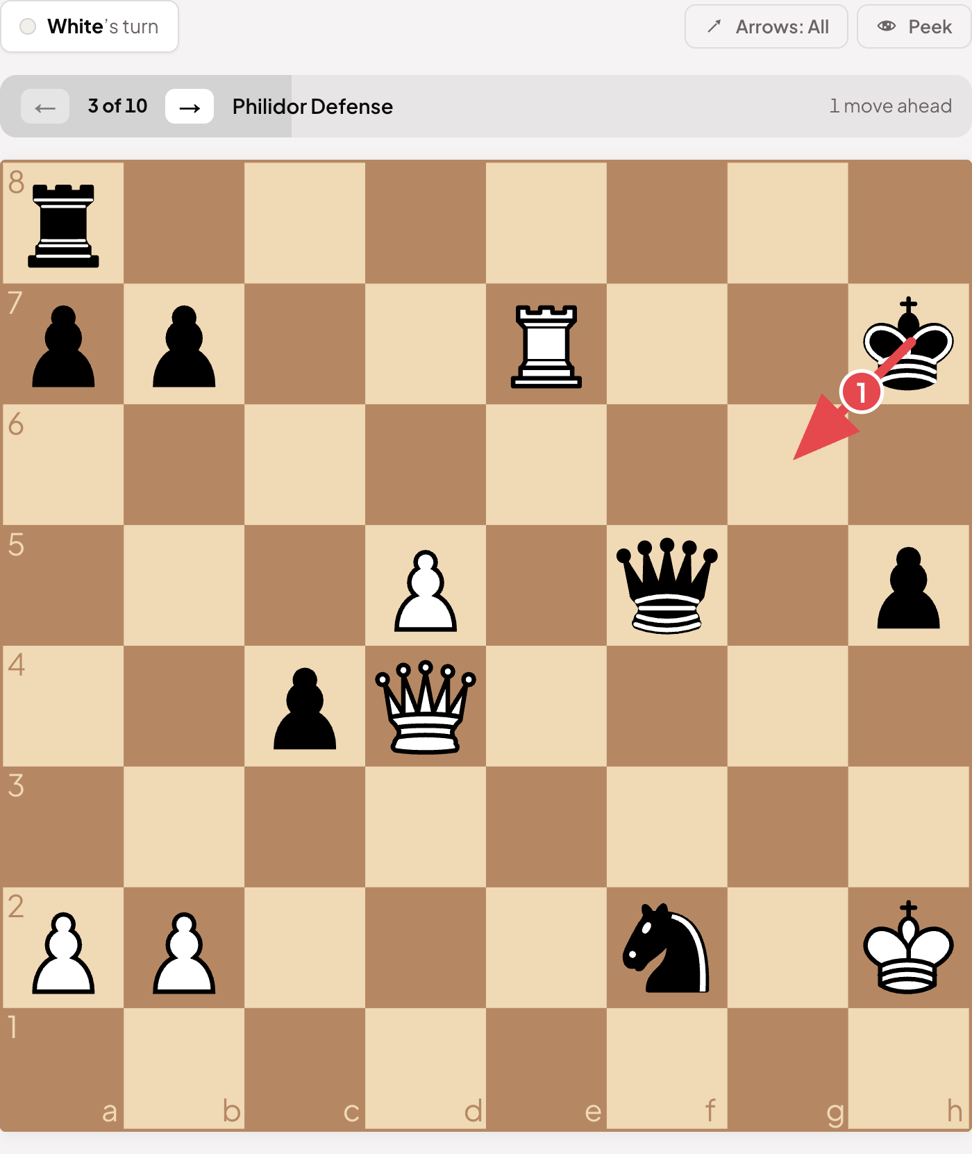 A lesson puzzle with its reason above the board: the pattern this one drills, and how far into the ten you are