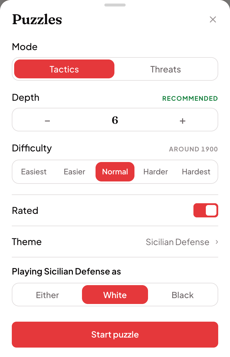 The puzzle filters on a phone: tactics or threats, depth, difficulty, rated, and a theme picked from their openings with the side they play it from