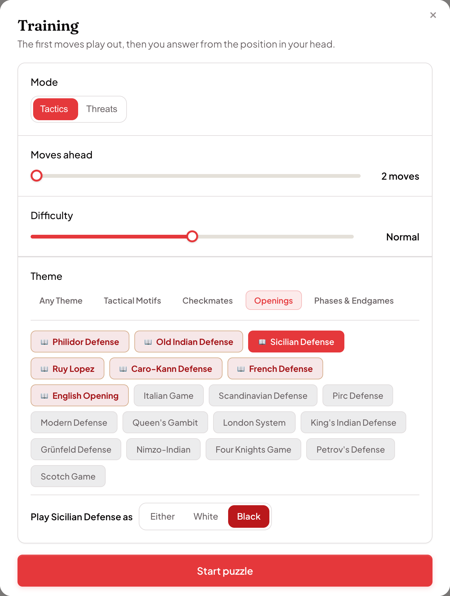 The training filters: threats or tactics, moves ahead, difficulty, and a theme picked from openings