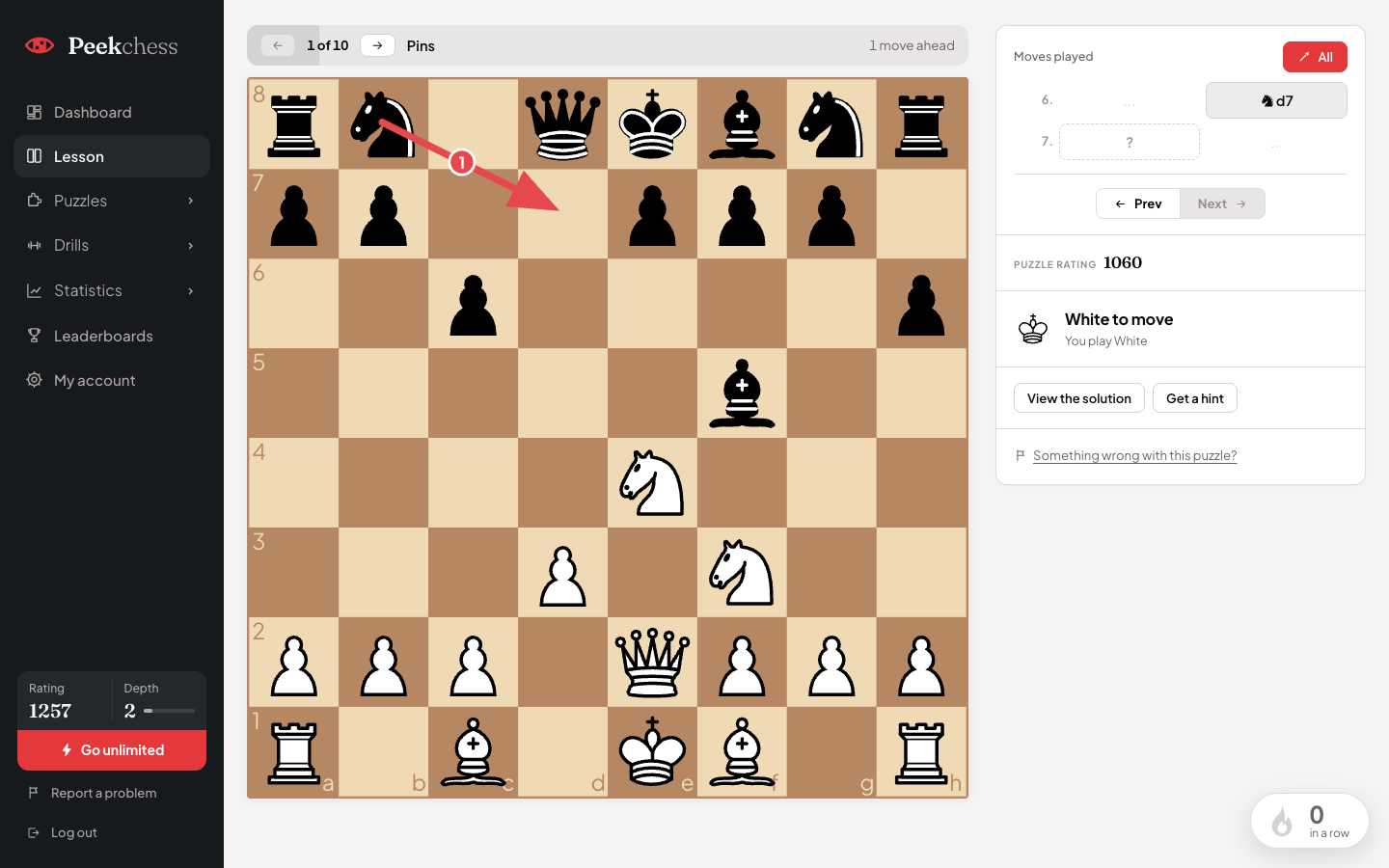 A lesson puzzle: the moves drawn as numbered arrows while the board stays put