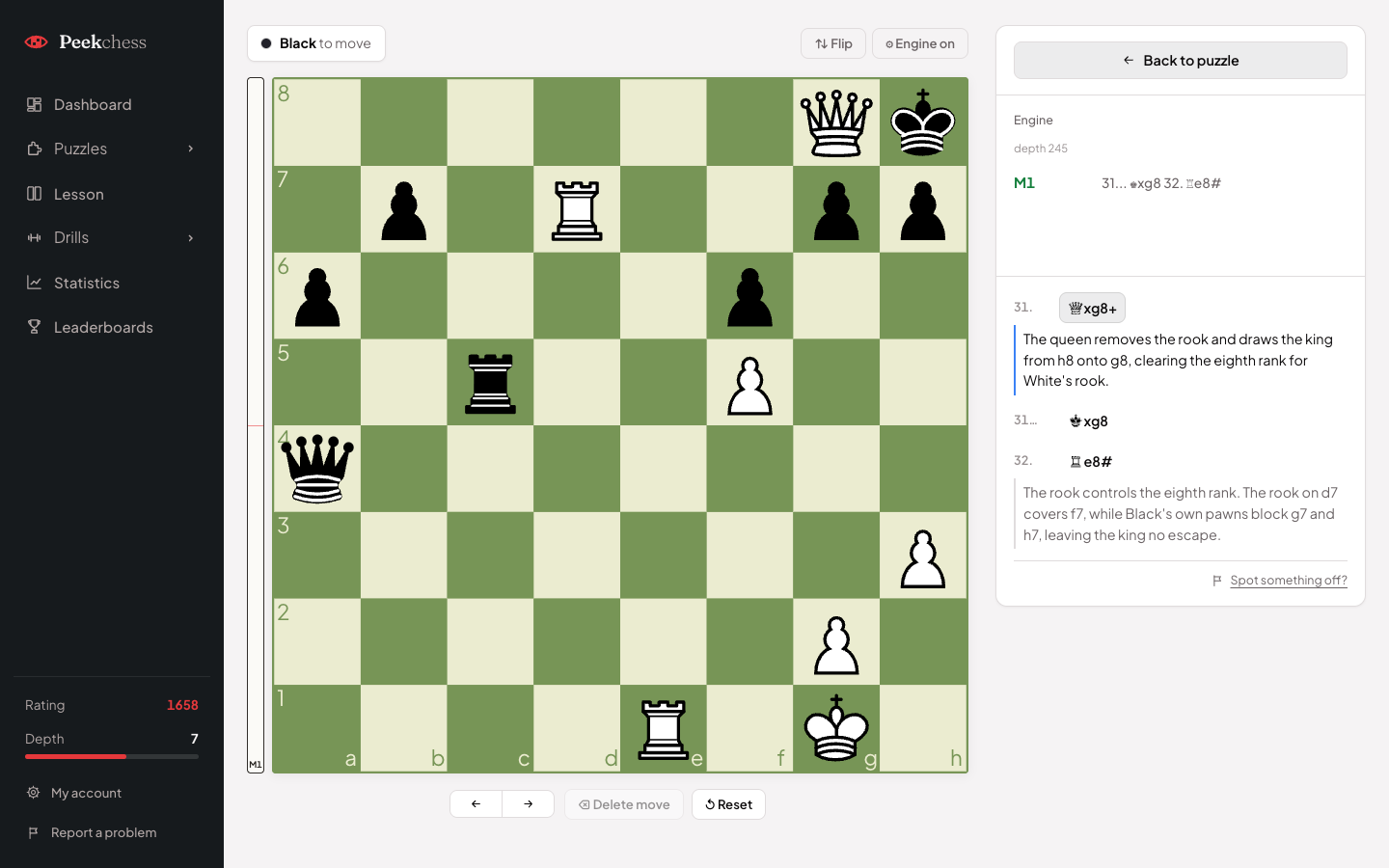Peek AI’s explanation on the analysis board: each move of the solution with a sentence on why it works